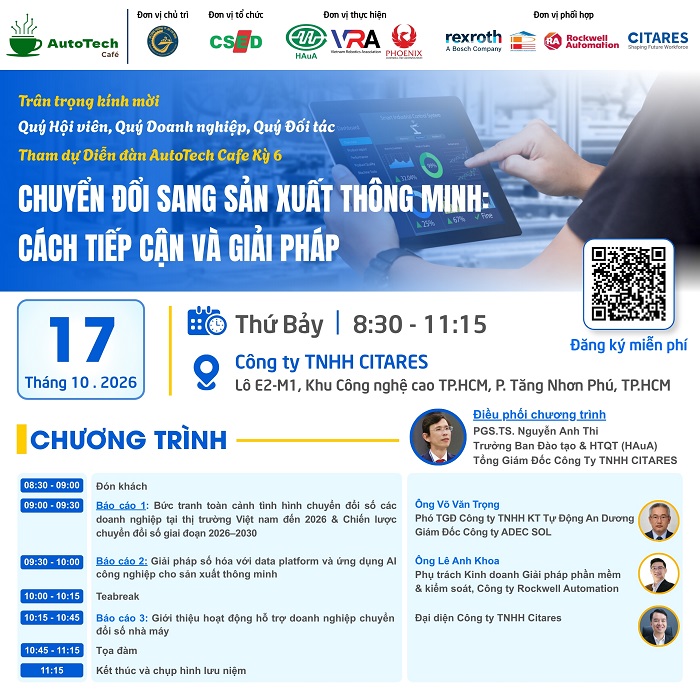 AUTOTECH CAFE Kỳ 6-2026: Chuyển đổi sang sản xuất thông minh - Cách tiếp cận và giải pháp 1 AUTOTECH CAFE Kỳ 6-2026: Chuyển đổi sang sản xuất thông minh – Cách tiếp cận và giải pháp